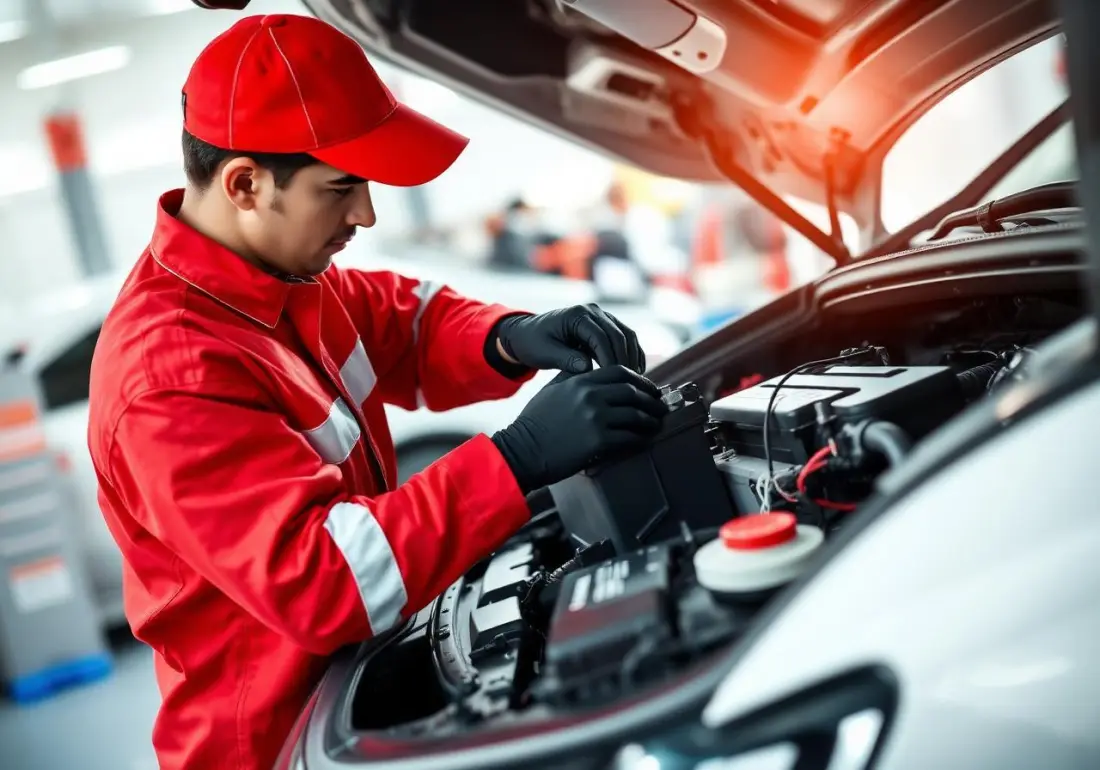 Pemasangan aki mobil oleh teknisi profesional